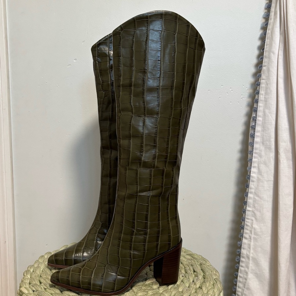NEW Schutz Maryana Dark Green Leather Croc Block Knee High Boots Size 5.5 - Picture 3 of 12